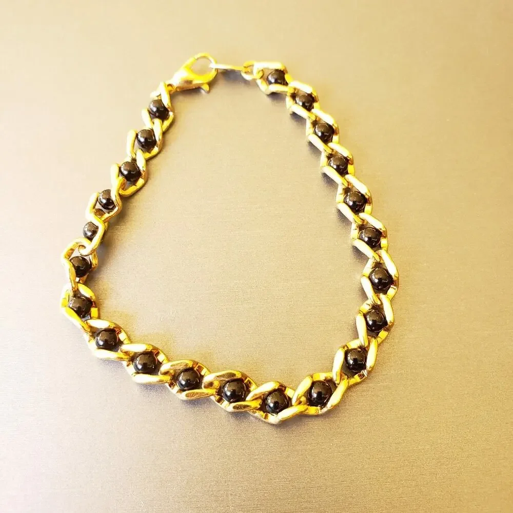 Signed Avon Black & Gold Beaded Bracelet Vintage‎ Desinger Dainty gbr-63